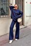 Navy Blue Crew Neck Oversize Sweater-Pants Knit Women's Bottom-Top Suit - 3
