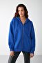 Alena Women's Basic Kangaroo Pocket Oversize Organic Cotton Zippered Hooded Cobalt Blue Sweatshirt