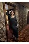 WOMEN'S LEOPARD-PRINT COLLAR AND SLEEVE MIDI BLACK DRESS