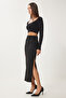 Long Suede Skirt - Slit, Black, Lmc0046