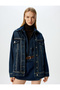 Classic Collar Buttoned Oversize Denim Jacket with Stone Pocket Detail - 3