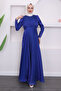 Cobalt Blue Belted Front Pleated Evening Dress - 6