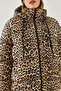 Women's Black Camel Hooded Lace-Up Leopard Patterned Puffer Coat 2482 60351224 - 5