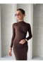 Women's Brown High Collar and Long Sleeve Midi Dress with Side Shoulder Draping Detail