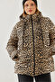 Women's Black Camel Hooded Lace-Up Leopard Patterned Puffer Coat 2482 60351224 - 4