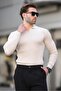 Beige Polo Neck Striped Long Sleeve Men's Sweater 7289