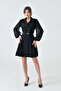 Women's Chiffon Sleeves Double Breasted Collar Button and Padding Detailed Belted Black Mini Dress 25K2393 - 5