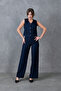 Navy Blue Lined Wool Effect Fabric Vest and Wide Leg High Waist Pants Two-Piece Set 9111 - 6