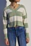 Green V-Neck Striped Crop Women's Sweater Mg1441 - 2
