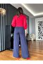 Navy Blue Elastic Waist Crepe Trousers - 4