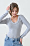 Lycra Stretchy Fabric Long Sleeve V Neck Long Gray Blouse 12972 - 8