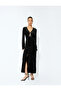 Front Slit V Neck Rhinestone Bow Detail Long Velvet Dress - 2