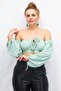 Women Off Shoulder Puffed Sleeves Textured Crop Top ,Sage Green