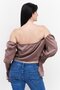 Women Off Shoulder Shirred Sleeve Solid Crop Top, Taupe - 4
