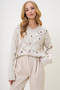 Beige V-Neck Diamond Patterned Floral Embroidered Perforated Openwork Knitwear Sweater Alc-X13262 - 4