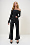 Women's Black Boat Neck Side Draped Interlock Fabric Blouse and Trousers Set Alc-X13076 - 4