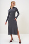 Women's Anthracite Polo Neck Half Placket Side Slit Interlock Fabric Dress Alc-X13121 - 4