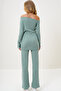 Women's Mint Boat Neck Side Draped Interlock Fabric Blouse and Trousers Set Alc-X13076 - 5