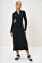 Women's Black Polo Neck Half Placket Side Slit Interlock Fabric Dress Alc-X13121 - 4