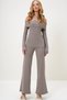 Women's Taupe Madonna Neck Ribbed Knit Blouse and Pants Set ALC-X13060 - 3