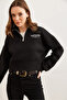 Women's Black High Collar Zippered Cropped Sweatshirt Swt-19000699 - 4