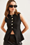 Women's Black Button Detailed Lined Woven Vest Ylk- 19000044 - 4