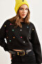 Women's Black Heart Embroidered Shaded Crop Thick Sweatshirt Swt-19000662 - 2
