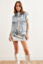 Women's Blue Shiny Stone Detailed Oversize Denim Vest with Pockets Ylk- 19000043 - 2