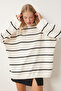 Women's Cream Striped Oversized Long Knit Sweater YY00087 - 4