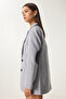 Women's Gray Leather Detailed Winter Blazer Jacket Fn03405 - 5