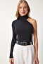 Women's Black Open Shoulder Ribbed Knitted Blouse En00630 - 3