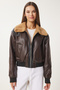 Women's Brown Faux Leather Bomber Jacket Fn03408 - 3