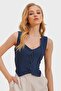 Women's Navy Blue Heart Collar Buttoned Striped Vest ALC-X10151