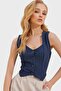 Women's Navy Blue Heart Collar Buttoned Striped Vest ALC-X10151 - 3
