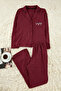 Bordo %100 Pamuklu Biye ve Cep Detaylı Baskılı Örme Pijama Takımı THMAW22PT0785 - 2
