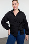 Black Textured Double Breasted Tie Shirt Collar Woven Plus Size Blouse Tbbaw25Af00036 - 2