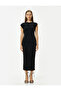 Midi Pencil Dress with Cap Sleeves, Round Neck, Drape Detail, Slim Fit - 3