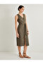 Linen Blended Midi Shirt Dress - V-Neck with Waist Belt and Button Detail - 2