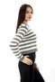 Women's Gray Cardigan Crew Neck, Gold Button Detail, Stylish Striped Cardigan - 4