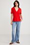 Alıne Women's 100% Organic Cotton Regular Fit Regular Fit V-Neck Basic Red T-Shirt - 2