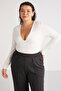 Marjabb Women's Slim Fit Slim Fit Body Fully Hugging Snap V-Neck Ecru Plus Size Blouse