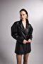 Voluminous Shoulder Vegan Dealer Leather Jacket Black - 2