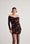 Madonna Collar Rose Patterned Draped Mini Rosalinda Dress Black - 6