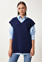 V-Neck Belted Long Knit Sweater Dark Blue Lus0042 - 4