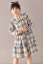 Navy Blue Plaid Print Buttoned Long Sleeve Girl's Dress 19807