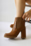 Dorsaf Tan Oval Toe Elastic Heeled Women's Boots, Women's Bootie - 4