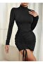 Black Stand Collar Long Sleeve Lycra Piping Detail Dress - 6