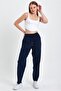Navy Blue High Waist Elastic Waist Linen Trousers - 2
