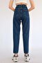 Dark Blue Mom Jeans Lycra High Waist Blue Snow Washed Mom Jeans - 2