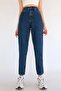 Dark Blue Mom Jeans Lycra High Waist Blue Snow Washed Mom Jeans